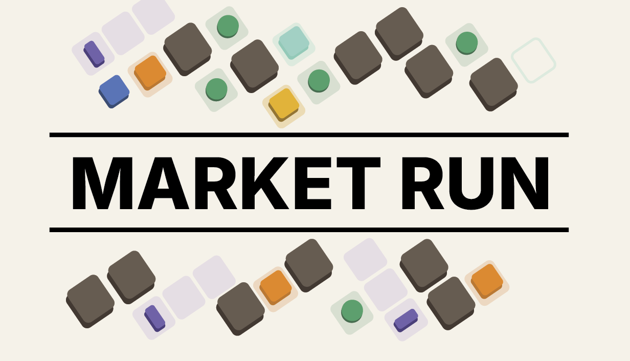 Market Run game board with colorful grocery tiles and the Market Run title