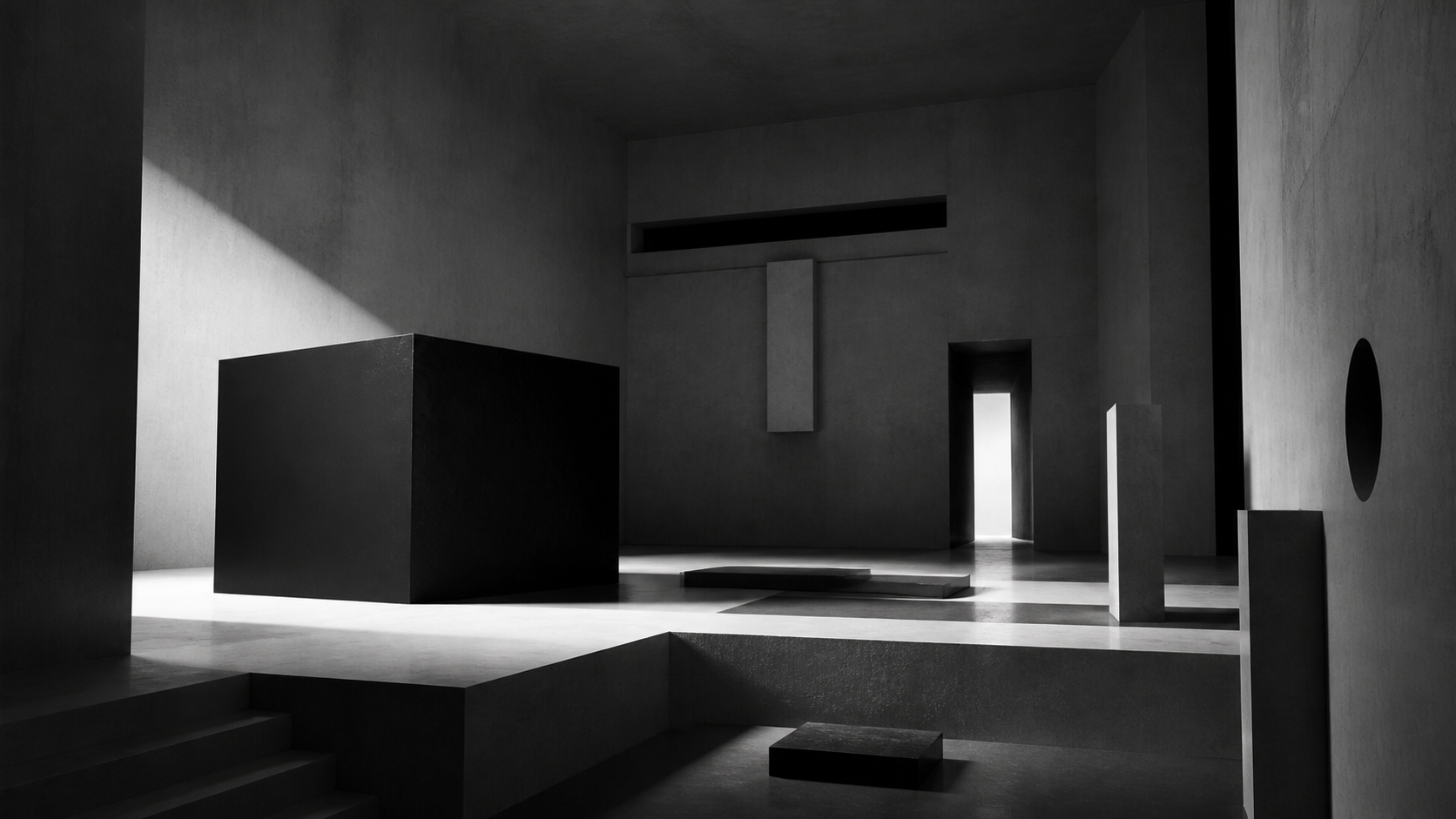 Mysterious monochrome game environment with geometric blocks and doorways